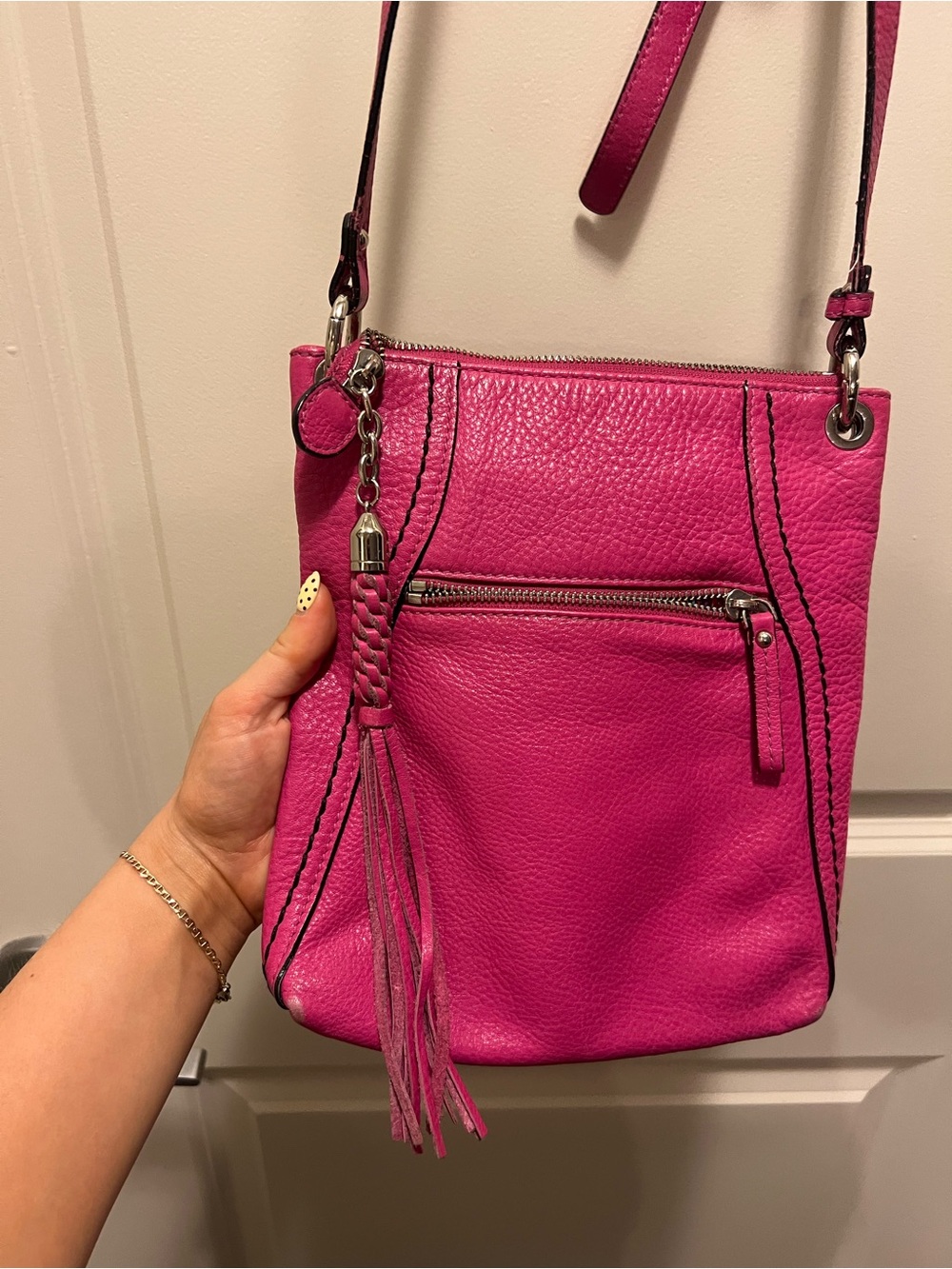 Danier Real Leather Hot Pink Leather Crossbody Bag with Braided Tassel